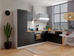 Respekta Winkelküche KBL280WSCGKEG 280 x 172 cm Schwarz-Weiß-Butcher Nussbaum