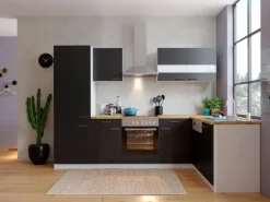 Respekta Winkelküche KBL280WSCGKEG 280 x 172 cm Schwarz-Weiß-Butcher Nussbaum