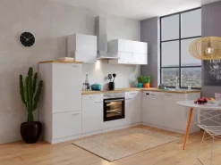 Respekta Winkelküche KBL280WWCG 280 x 172 cm Weiß-Butcher Nussbaum