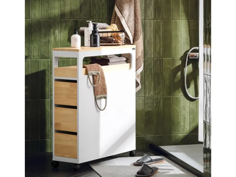 SoBuy Badezimmerschrank Rollwagen mit 3 Schubladen Nischenschrank 24x82x65cm Weiß-Natur BZR54-WN