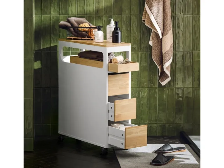 SoBuy Badezimmerschrank Rollwagen mit 3 Schubladen Nischenschrank 24x82x65cm Weiß-Natur BZR54-WN