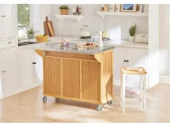 SoBuy Kücheninsel Küchenwagen Küchenschrank Servierwagen Bambus 115cm FKW69-N