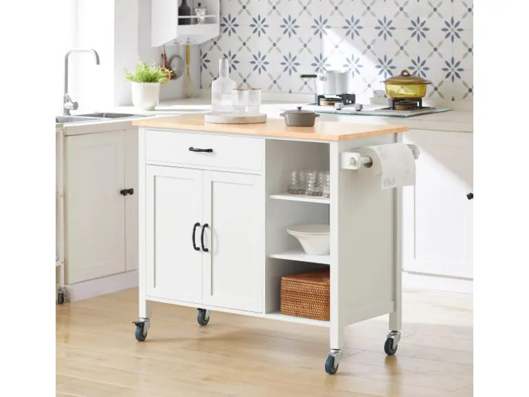 SoBuy Küchenwagen mit Arbeitsplatte Küchenschrank Küchentrolley Weiß FKW103-WN