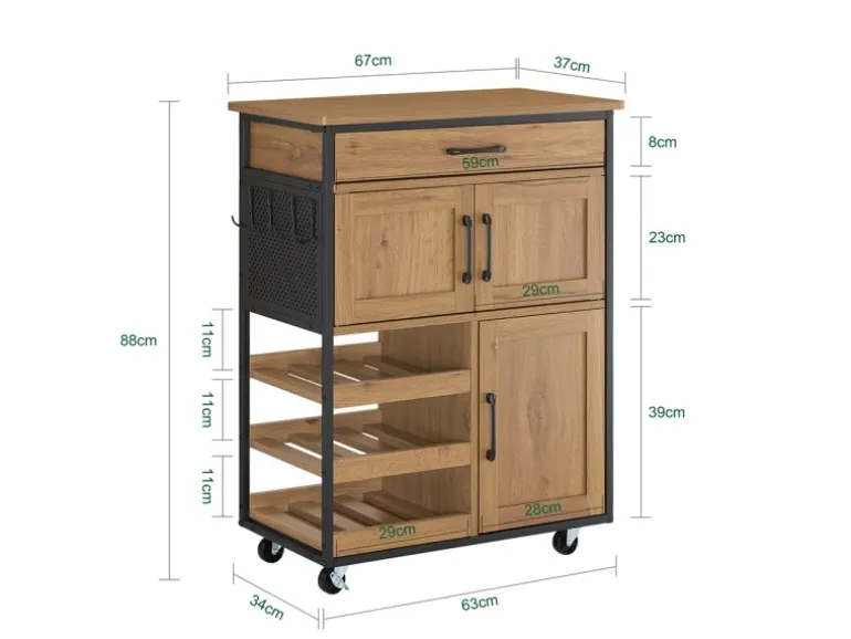 SoBuy Servierwagen Küchenwagen Rollwagen mit Schubladen und Weinregal 67x88x37cm FKW134-N