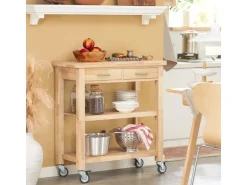 SoBuy Servierwagen mit 2 Ablagen Küchenwagen Küchenregal Kautschukholz 80x90x40cm Natur FKW24-N