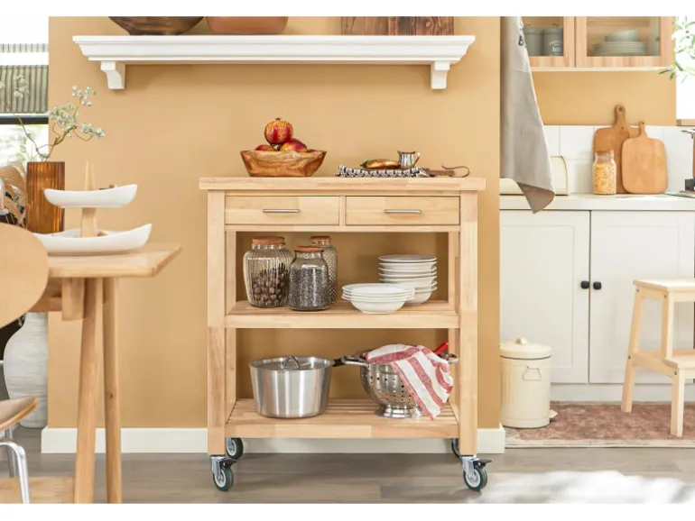 SoBuy Servierwagen mit 2 Ablagen Küchenwagen Küchenregal Kautschukholz 80x90x40cm Natur FKW24-N