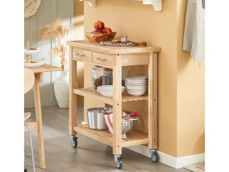 SoBuy Servierwagen mit 2 Ablagen Küchenwagen Küchenregal Kautschukholz 80x90x40cm Natur FKW24-N
