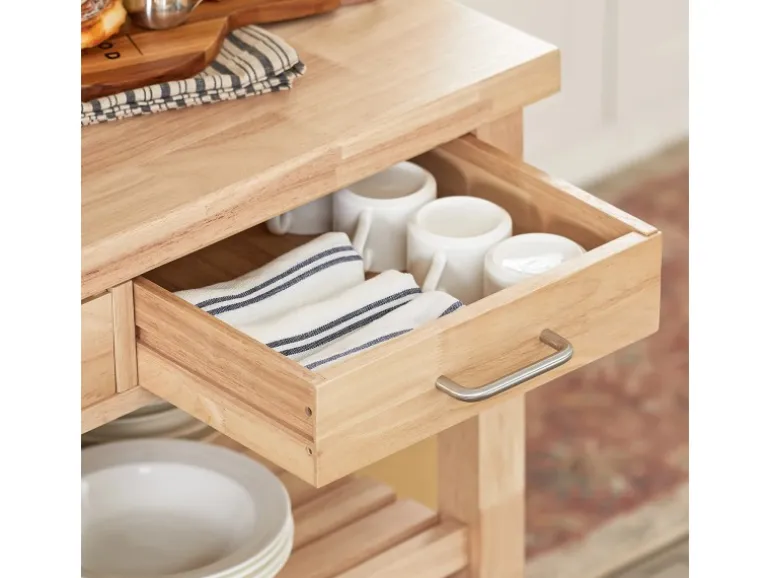 SoBuy Servierwagen mit 2 Ablagen Küchenwagen Küchenregal Kautschukholz 80x90x40cm Natur FKW24-N