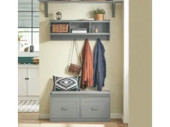 SoBuy Wandgarderobe mit 3 Körben und 4 Haken MDF Grau FHK28-HG