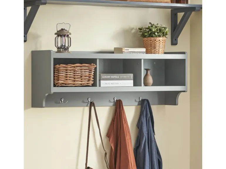 SoBuy Wandgarderobe mit 3 Körben und 4 Haken MDF Grau FHK28-HG