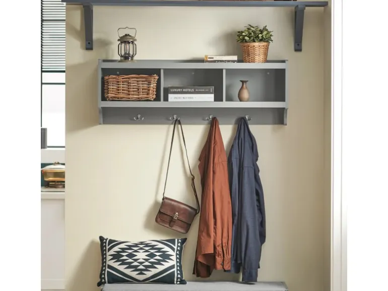 SoBuy Wandgarderobe mit 3 Körben und 4 Haken MDF Grau FHK28-HG