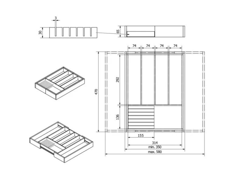 SOTECH ORGA-BOX UNIVERSAL Besteckkasten Bambus Verstellbar Für Schrankbreite 500 - 600 mm bis 7 Fächer inkl. Messerblock