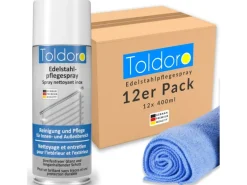Toldoro Set 12x Edelstahl Pflegespray 400ml  Edelstahlreiniger für Küche oder Grill Edelstahlpflege Spray als Reinigungsmittel oder Metallreiniger