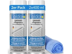 Toldoro Set 2x Edelstahl Pflegespray 400ml  Edelstahlreiniger für Küche oder Grill Edelstahlpflege Spray als Reinigungsmittel oder Metallreiniger