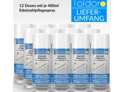 Toldoro 12x Edelstahl Pflegespray 400ml  Edelstahlreiniger für Küche oder Grill Edelstahlpflege Spray als Reinigungsmittel oder Metallreiniger