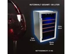 Tronitechnik Weinkühlschrank Getraenkekühlschrank 126 Liter 63 Flaschen Wein Kühlschrank Edelstahl-Optik Mit Led