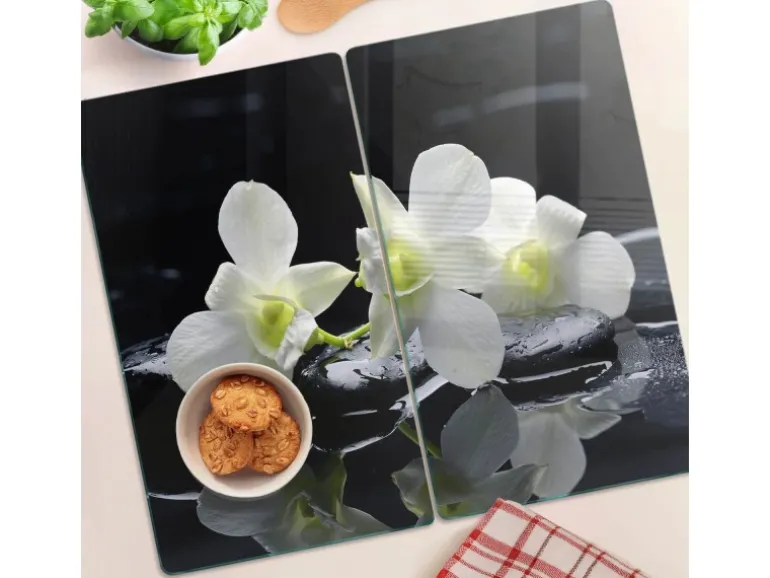Tulup Herdabdeckplatte SET aus 2 Stück 30x52 cm Glas-Servierbrett Küchenutensilien Schutzplatte Spritzschutz Orchidee