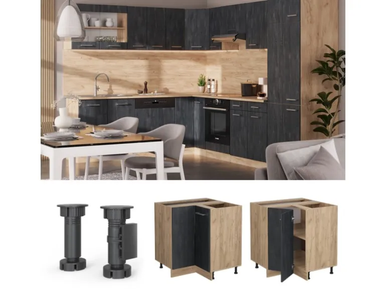 Vicco Eckunterschrank R-Line Schwarz Beton/Goldkraft Eiche 76 cm AP Eiche