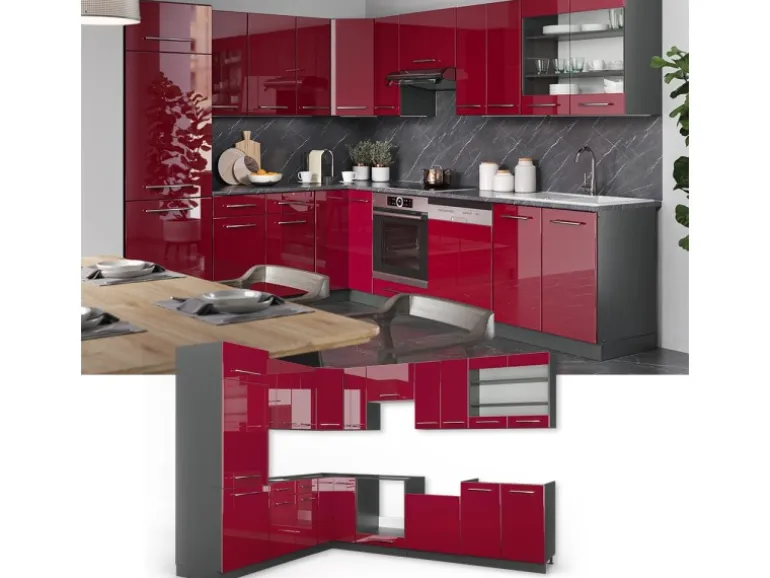 Vicco Fame-Line Eckküche Bordeaux Hochglanz/Anthrazit 227 x 287 cm AP Anthrazit ohne E-Geräte