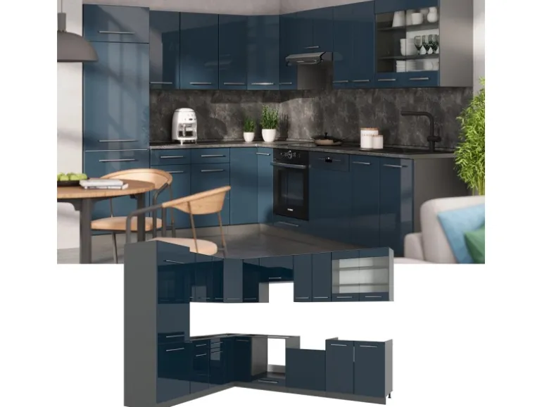 Vicco Fame-Line Eckküche Dunkelblau Hochglanz/Anthrazit 227 x 287 cm AP Marmor ohne E-Geräte