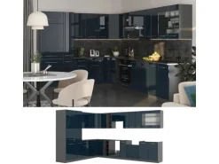 Vicco Fame-Line Eckküche Dunkelblau Hochglanz/Anthrazit 257 x 60 cm AP Eiche ohne E-Geräte