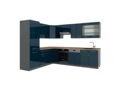 Vicco Fame-Line Eckküche Dunkelblau Hochglanz/Anthrazit 227 x 287 cm AP Eiche ohne E-Geräte