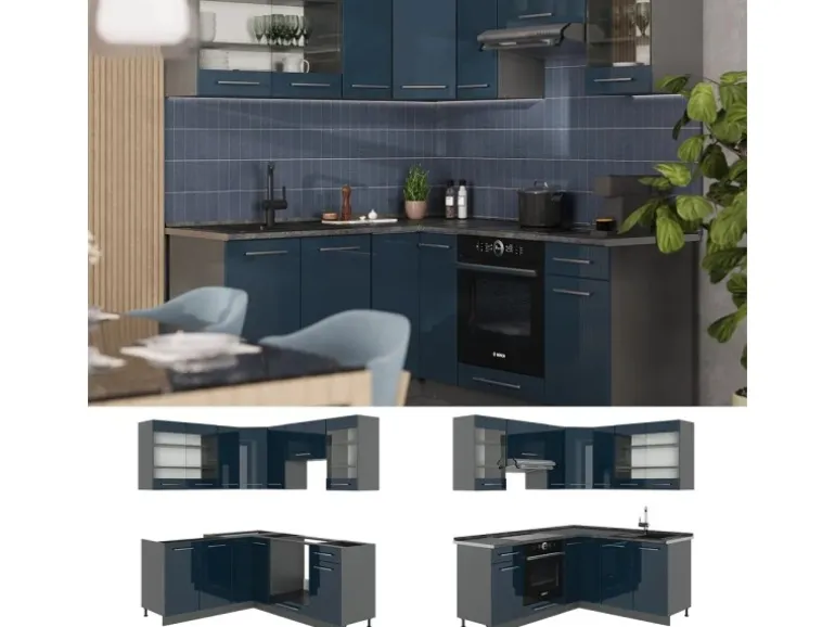 Vicco Fame-Line Eckküche Dunkelblau Hochglanz/Anthrazit 160 x 190 cm AP Eiche ohne E-Geräte