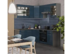 Vicco Fame-Line Eckküche Dunkelblau Hochglanz/Anthrazit 160 x 190 cm AP Eiche ohne E-Geräte