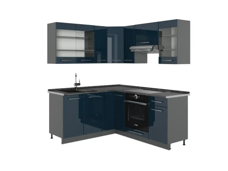 Vicco Fame-Line Eckküche Dunkelblau Hochglanz/Anthrazit 160 x 190 cm AP Anthrazit ohne E-Geräte