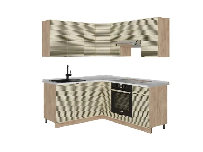 Vicco Fame-Line Eckküche Eiche Paneel/Goldkraft Eiche 160 x 190 cm AP Marmor ohne E-Geräte