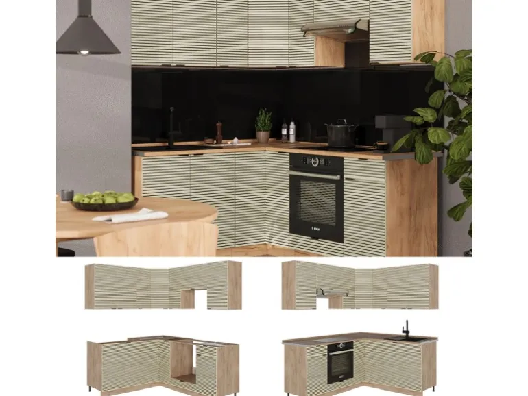 Vicco Fame-Line Eckküche Eiche Paneel/Goldkraft Eiche 160 x 190 cm AP Marmor ohne E-Geräte