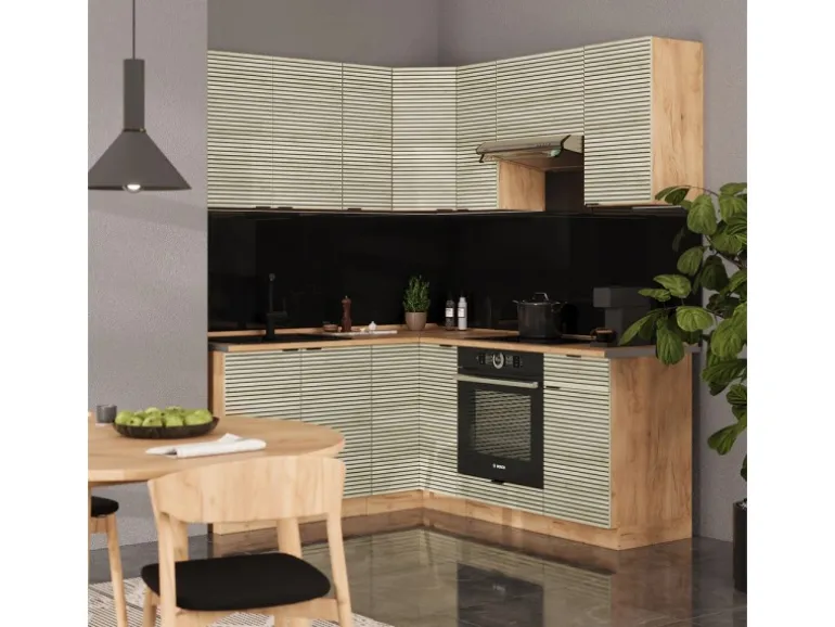 Vicco Fame-Line Eckküche Eiche Paneel/Goldkraft Eiche 160 x 190 cm AP Marmor ohne E-Geräte