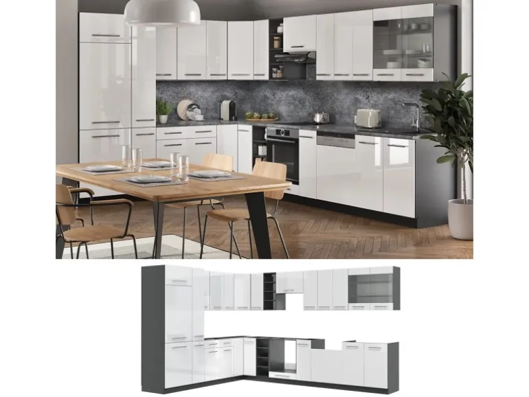 Vicco Fame-Line Eckküche Weiß Hochglanz/Anthrazit 347 x 257 cm ohne Arbeitsplatte ohne E-Geräte