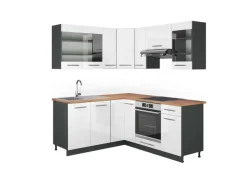 Vicco Fame-Line Eckküche Weiß Hochglanz/Anthrazit 160 x 190 cm AP Eiche ohne E-Geräte