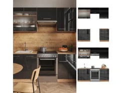 Vicco Fame-Line Einbauküche Anthrazit Hochglanz/Goldkraft Eiche 200 cm AP Anthrazit ohne E-Geräte