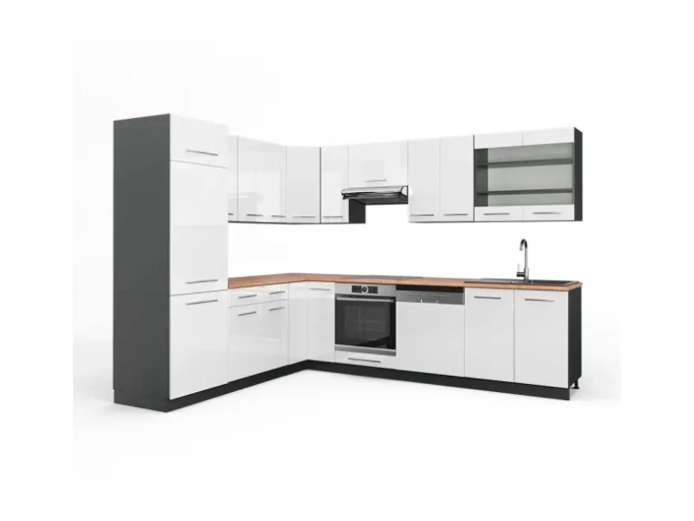 Vicco Fame-Line Küchenschränke Weiß Hochglanz/Anthrazit 227 x 287 cm AP Eiche ohne E-Geräte