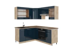 Vicco Fame-Line Küchenschränke Dunkelblau Hochglanz/Goldkraft Eiche 160 x 190 cm AP Eiche ohne E-Geräte