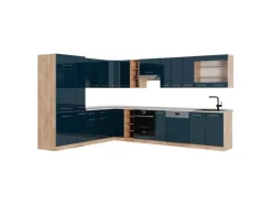 Vicco Fame-Line Küchenschränke Dunkelblau Hochglanz/Goldkraft Eiche 257 x 60 cm AP Marmor ohne E-Geräte