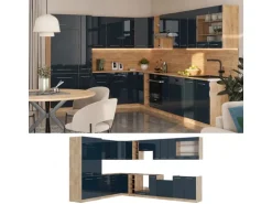 Vicco Fame-Line Küchenschränke Dunkelblau Hochglanz/Goldkraft Eiche 257 x 60 cm AP Marmor ohne E-Geräte