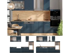 Vicco Fame-Line Küchenschränke Dunkelblau Hochglanz/Goldkraft Eiche 300 cm mit HochschrankAP Eiche ohne E-Geräte