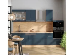 Vicco Fame-Line Küchenschränke Dunkelblau Hochglanz/Goldkraft Eiche 300 cm mit HochschrankAP Eiche ohne E-Geräte