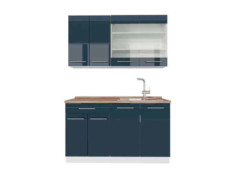 Vicco Fame-Line Küchenschränke Dunkelblau Hochglanz/Weiß 140 cm AP Eiche ohne E-Geräte