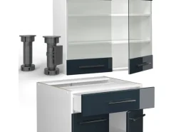 Vicco Fame-Line Küchenschränke Dunkelblau Hochglanz/Weiß 140 cm AP Eiche ohne E-Geräte