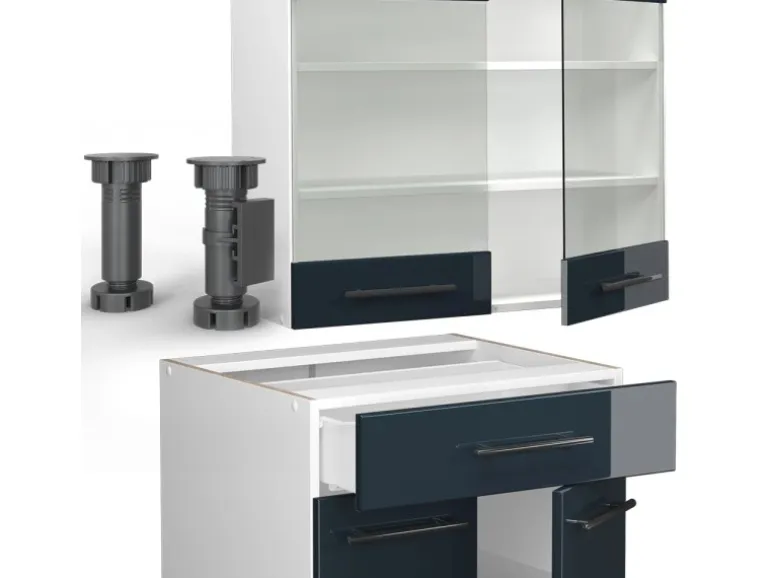 Vicco Fame-Line Küchenschränke Dunkelblau Hochglanz/Weiß 140 cm AP Eiche ohne E-Geräte