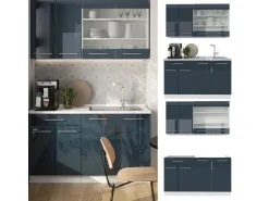 Vicco Fame-Line Küchenschränke Dunkelblau Hochglanz/Weiß 140 cm AP Marmor ohne E-Geräte