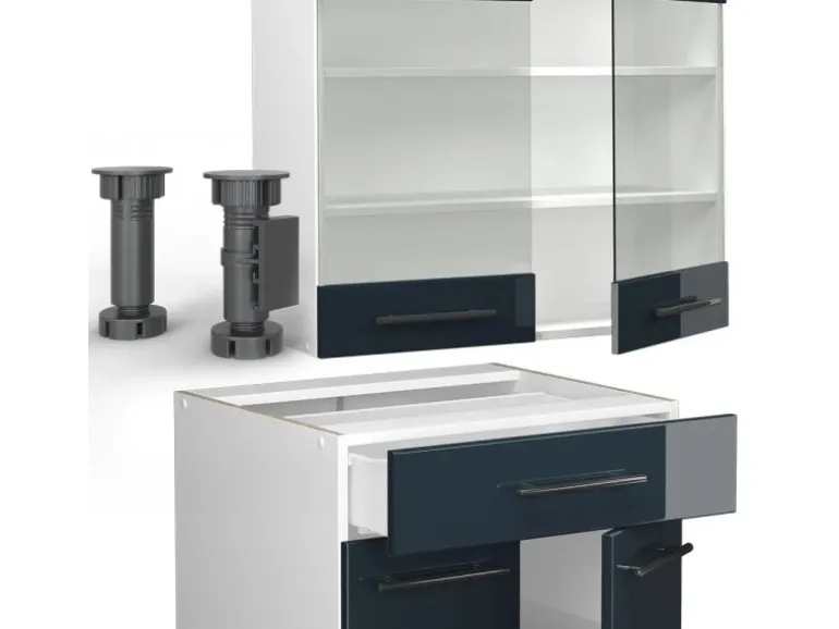 Vicco Fame-Line Küchenschränke Dunkelblau Hochglanz/Weiß 140 cm AP Anthrazit ohne E-Geräte