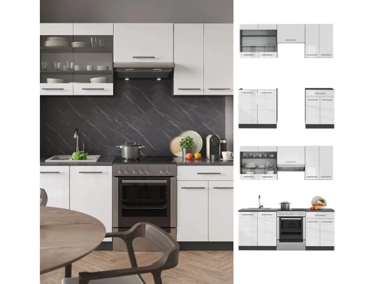 Vicco Fame-Line Küchenschränke Weiß Hochglanz/Anthrazit 200 cm AP Anthrazit ohne E-Geräte