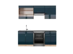 Vicco Fame-Line Küchenschränke Dunkelblau Hochglanz/Goldkraft Eiche 200 cm AP Anthrazit ohne E-Geräte