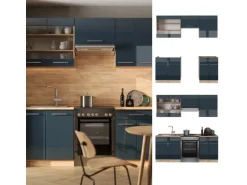 Vicco Fame-Line Küchenschränke Dunkelblau Hochglanz/Goldkraft Eiche 200 cm AP Anthrazit ohne E-Geräte