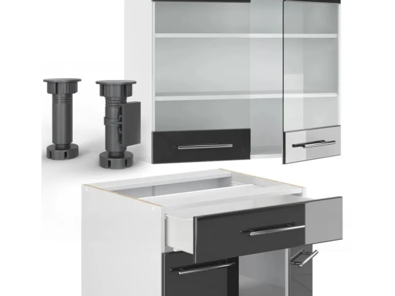 Vicco Fame-Line Küchenschränke Anthrazit Hochglanz/Weiß 140 cm AP Eiche ohne E-Geräte